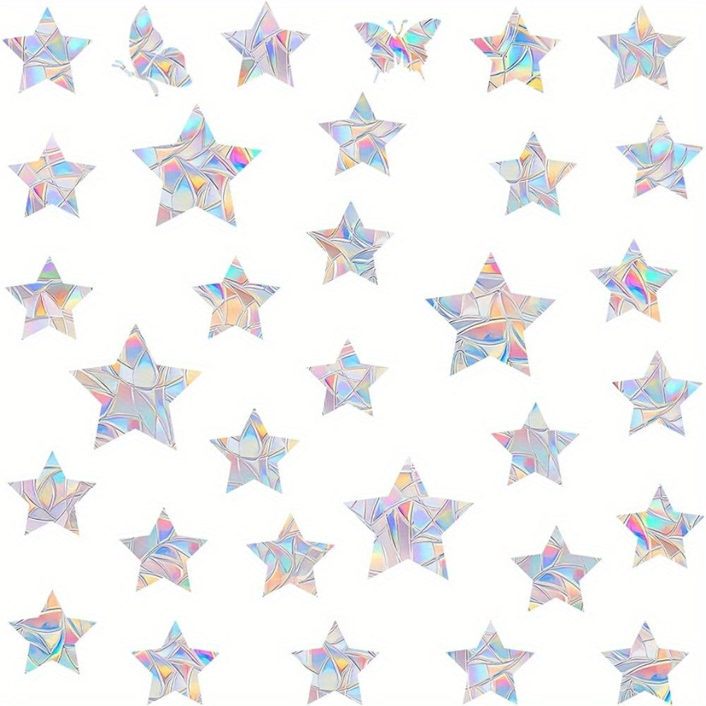 Window decals - 36 pieces of star-shaped anti-collision film designed to prevent bird collisions. These non-adhesive, prismatic vinyl clings are perfect for decorating living rooms, offices, and homes.