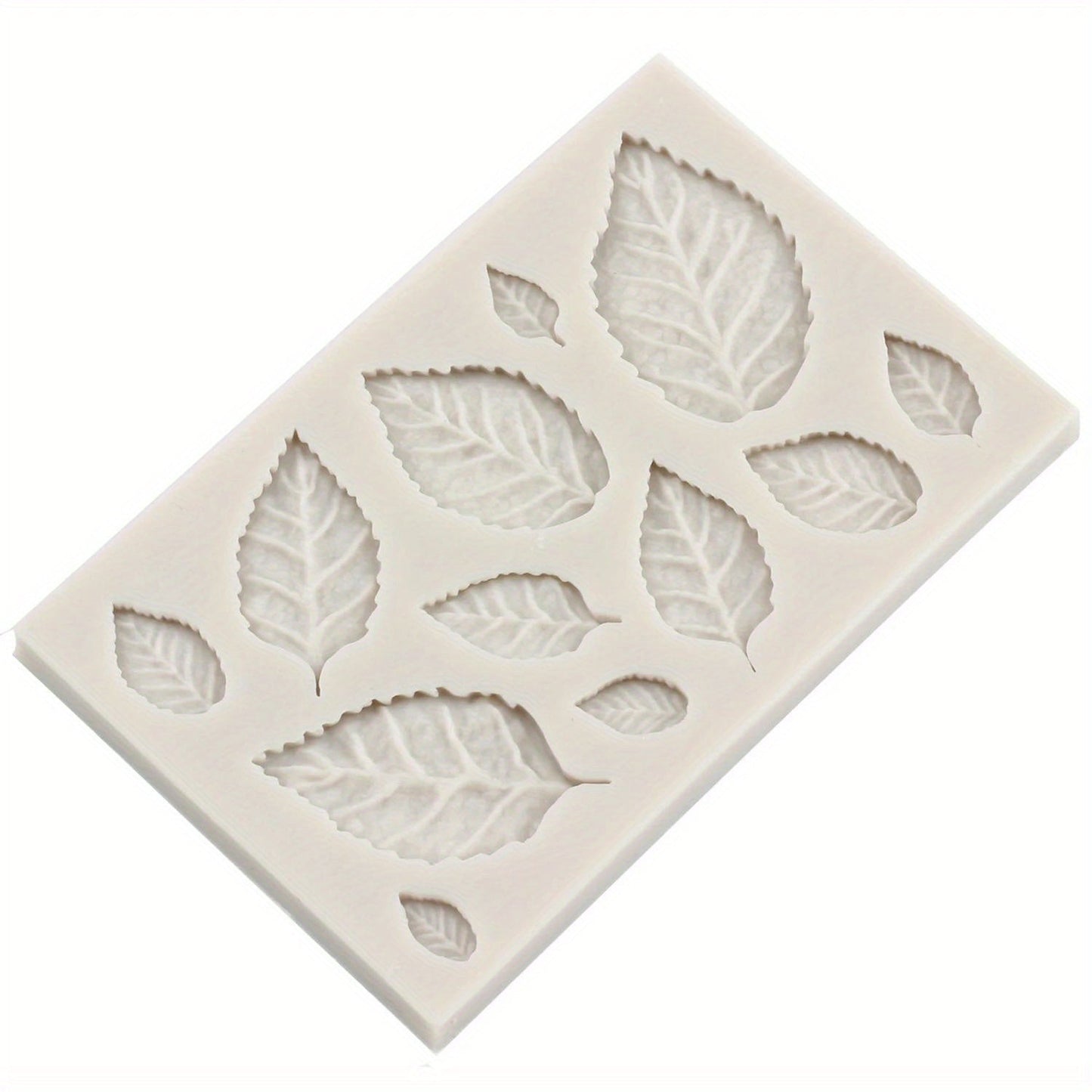 Silicone cake mold featuring rose leaves design, perfect for creating stunning flower cupcake toppers. Ideal for fondant cake decorating, baking, candy making, clay crafting, chocolate molding, and gumpaste shaping.