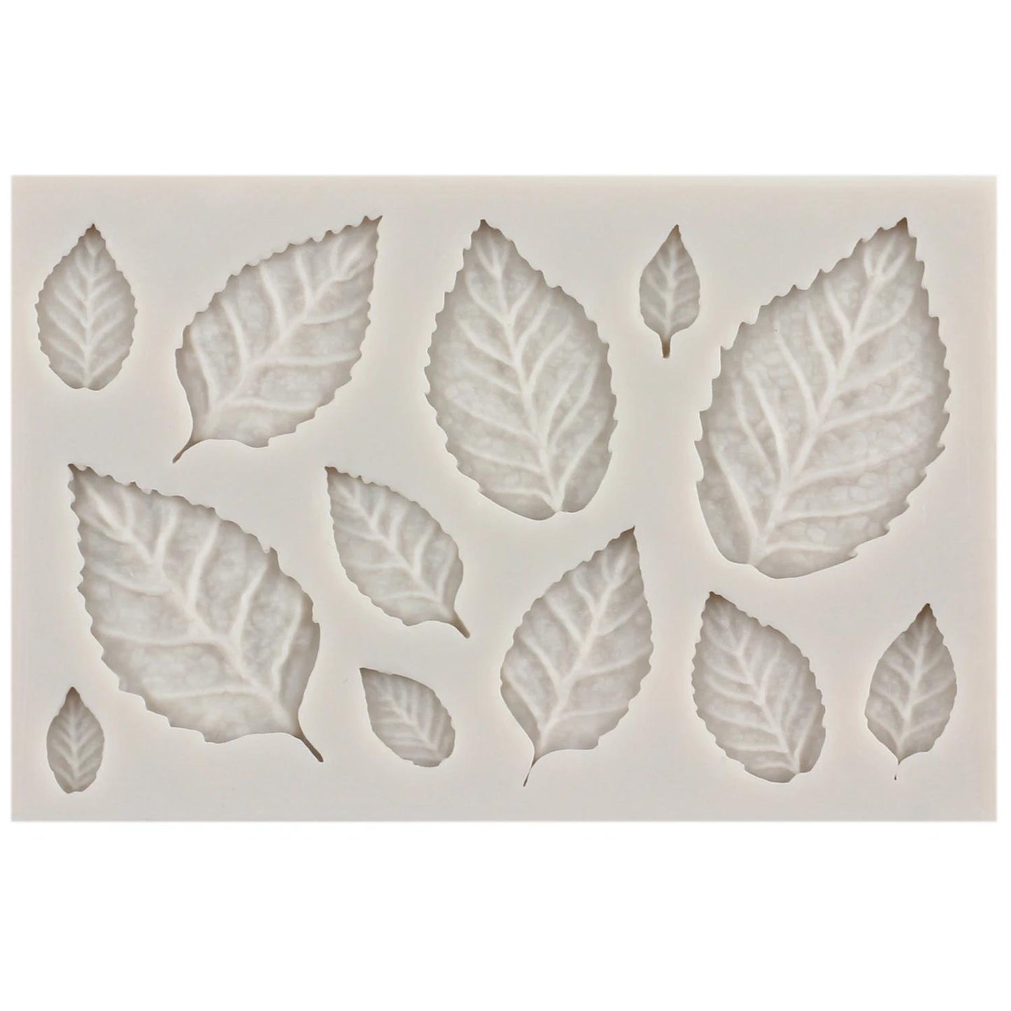 Silicone cake mold featuring rose leaves design, perfect for creating stunning flower cupcake toppers. Ideal for fondant cake decorating, baking, candy making, clay crafting, chocolate molding, and gumpaste shaping.