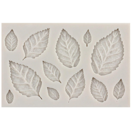 Silicone cake mold featuring rose leaves design, perfect for creating stunning flower cupcake toppers. Ideal for fondant cake decorating, baking, candy making, clay crafting, chocolate molding, and gumpaste shaping.