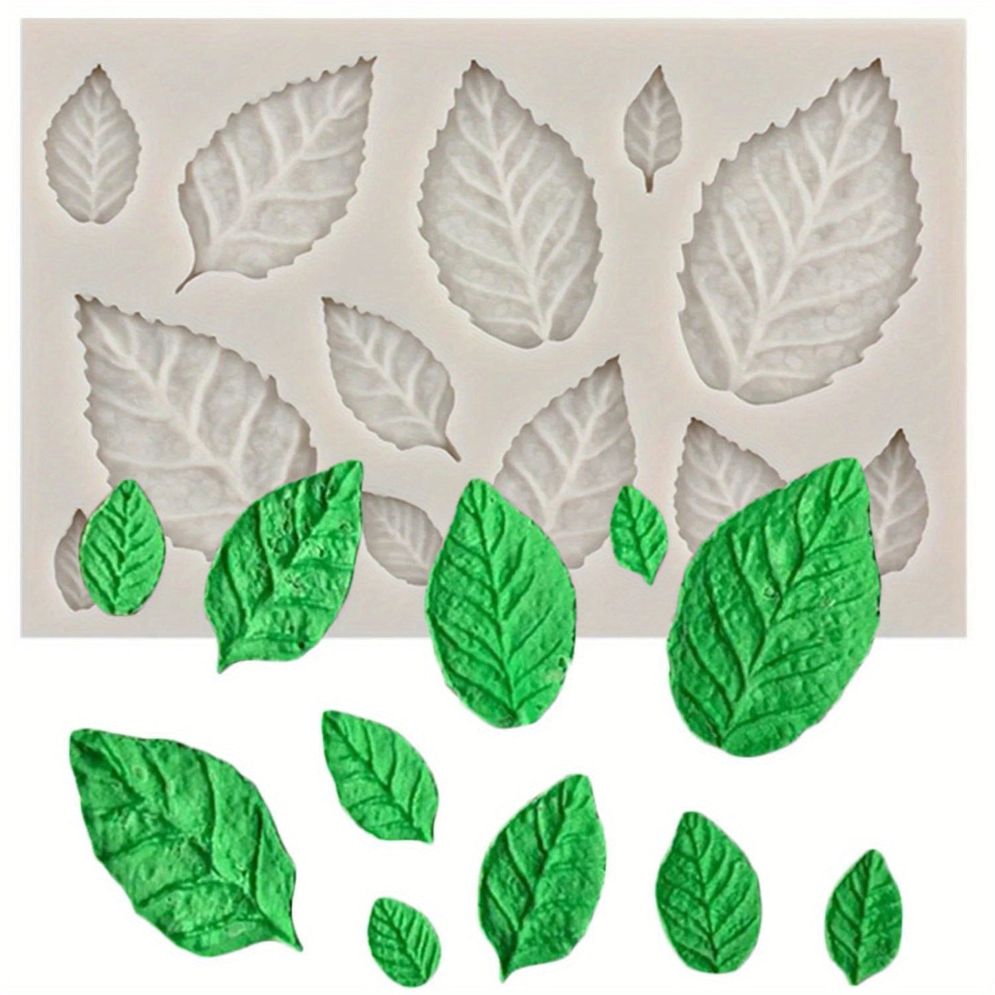 Silicone cake mold featuring rose leaves design, perfect for creating stunning flower cupcake toppers. Ideal for fondant cake decorating, baking, candy making, clay crafting, chocolate molding, and gumpaste shaping.