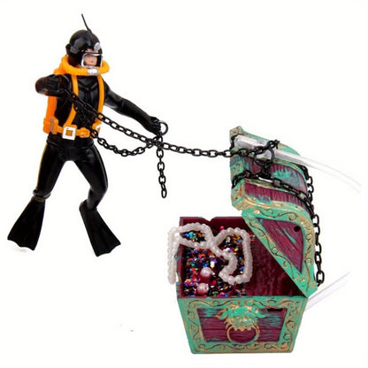 1pc Aquarium Treasure Chest Diver Ornament with Air Bubbler Decor