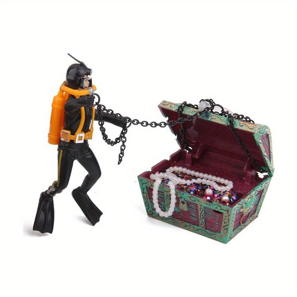 1pc Aquarium Treasure Chest Diver Ornament with Air Bubbler Decor