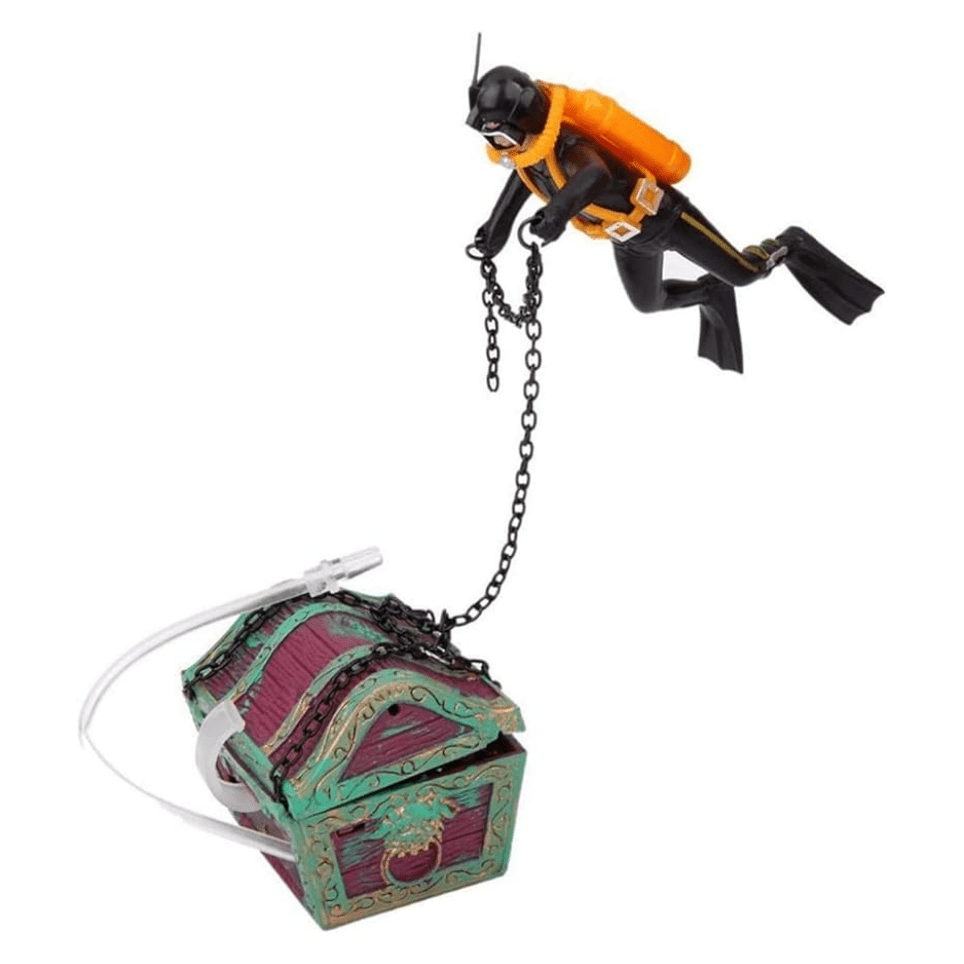 1pc Aquarium Treasure Chest Diver Ornament with Air Bubbler Decor