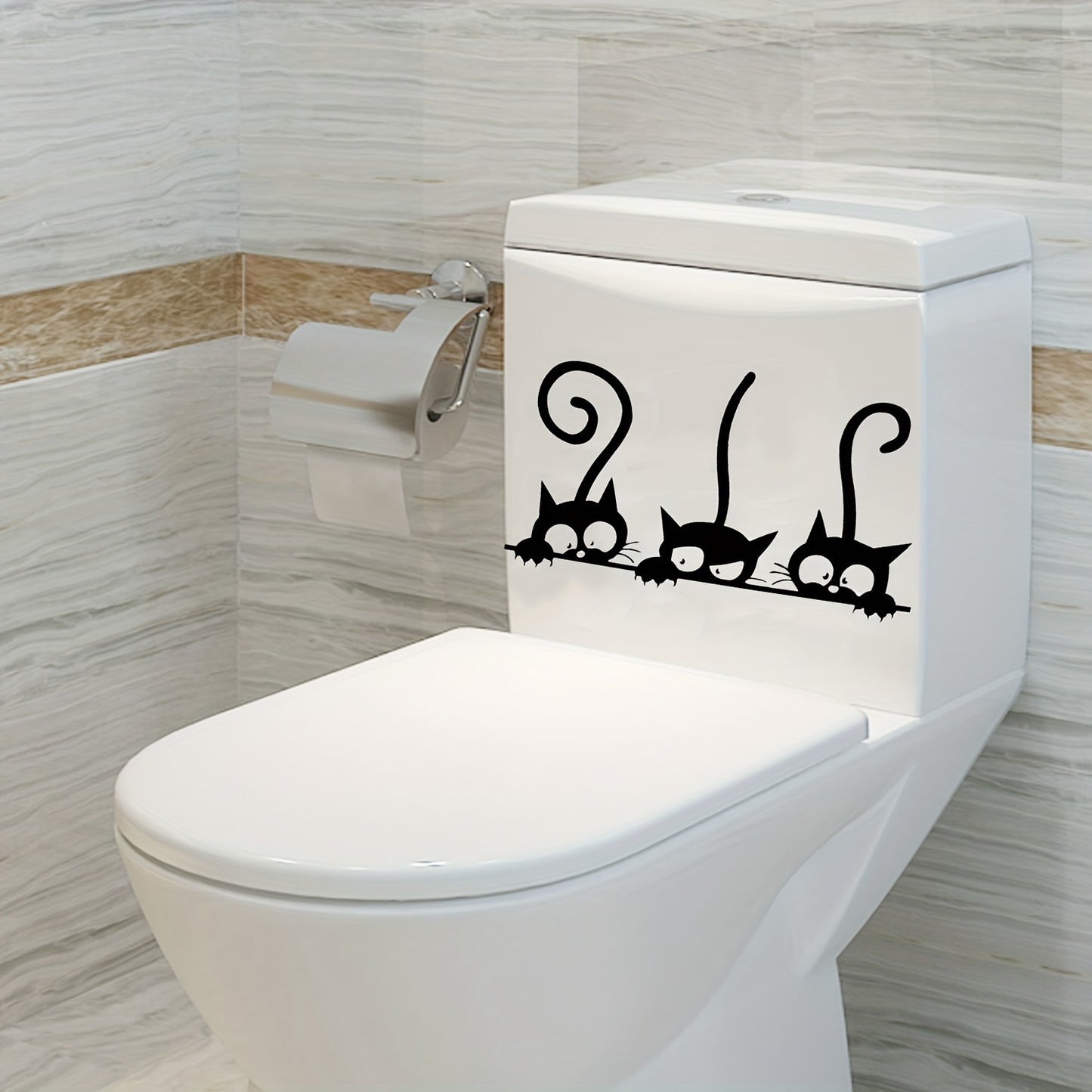 Adorable black cat decals for toilet lids: waterproof and easy to apply for bathroom humor.