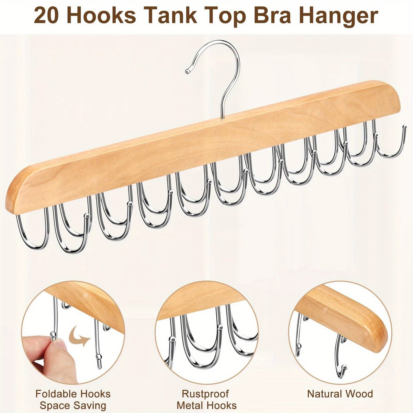 Wooden Hat Hanger with 20 Hooks - Perfect for Organizing Clothes and Accessories in Bathroom, Bedroom, Closet, or Dormitory