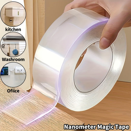 Multi-purpose double-sided tape with strong, reusable adhesive for various applications in the home, kitchen, office, and car.