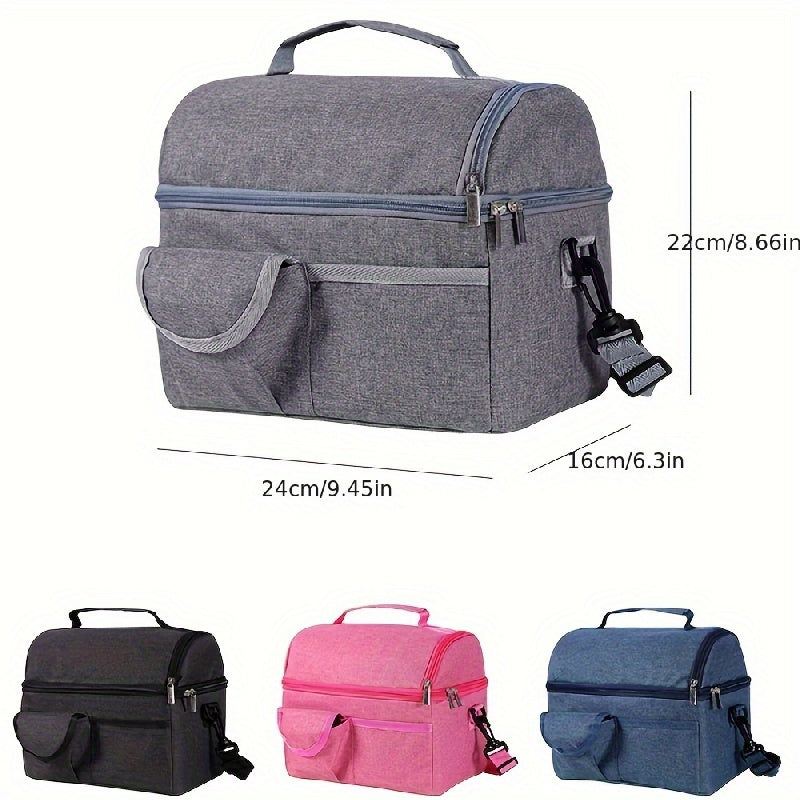 This lunch bag is designed with double layers, providing ample space for your meals. It is insulated to keep your food fresh during picnics or lunches. The bag also includes a separate compartment for bottles and is leakproof with a zipper closure. It