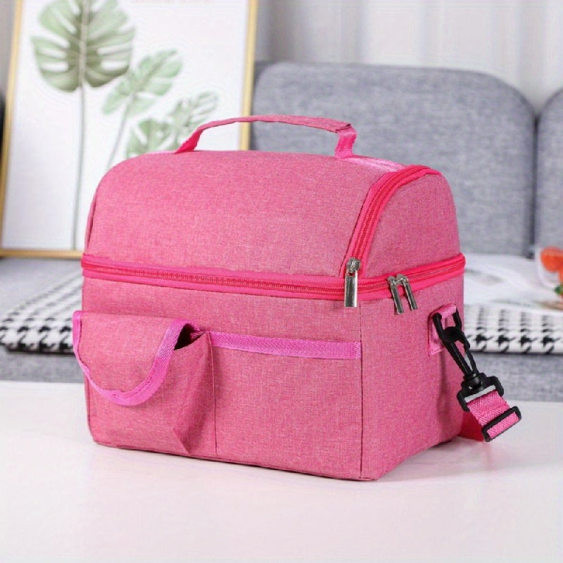 This lunch bag is designed with double layers, providing ample space for your meals. It is insulated to keep your food fresh during picnics or lunches. The bag also includes a separate compartment for bottles and is leakproof with a zipper closure. It