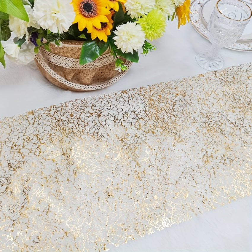 Golden foil table runner with metallic mesh design for various events.