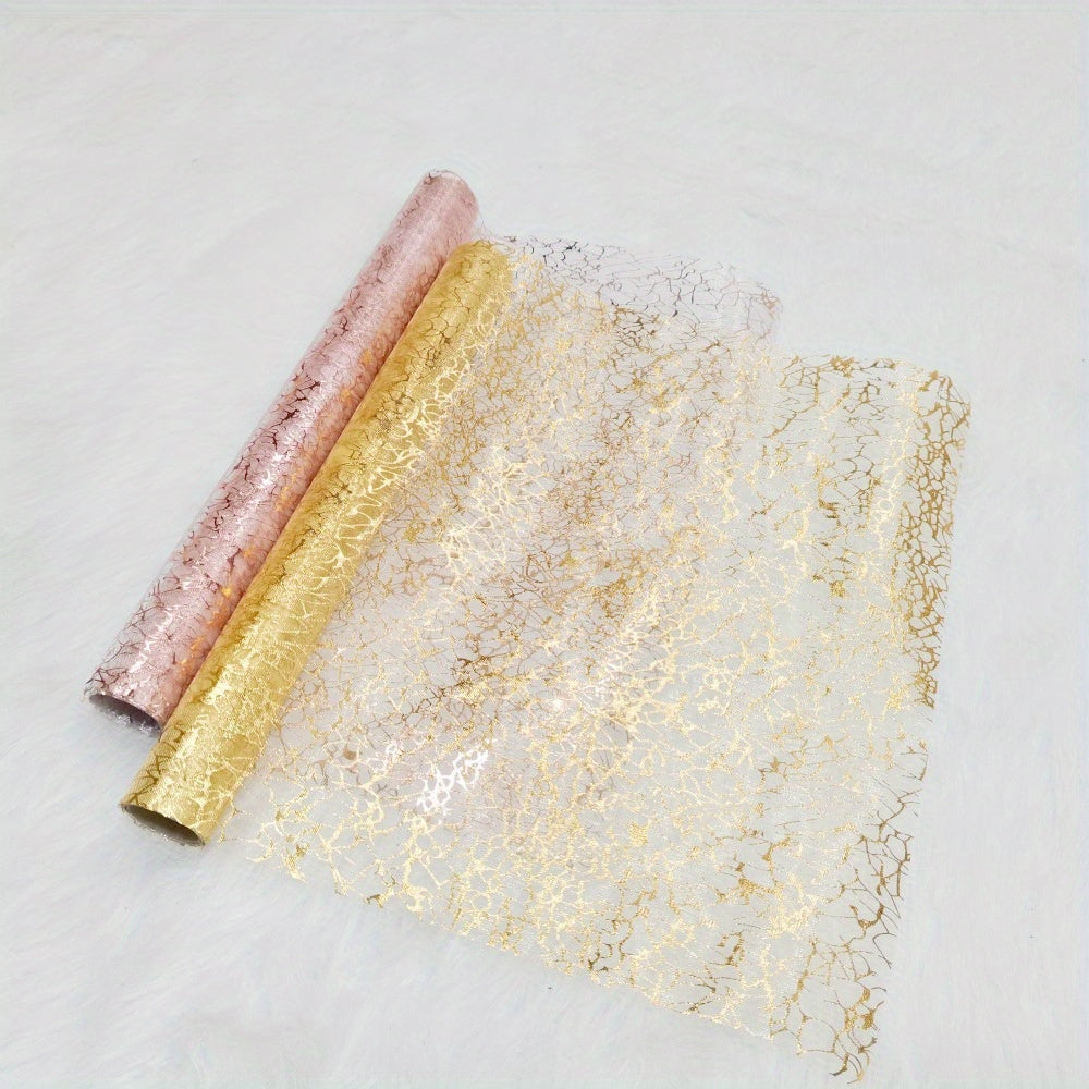 Golden foil table runner with metallic mesh design for various events.