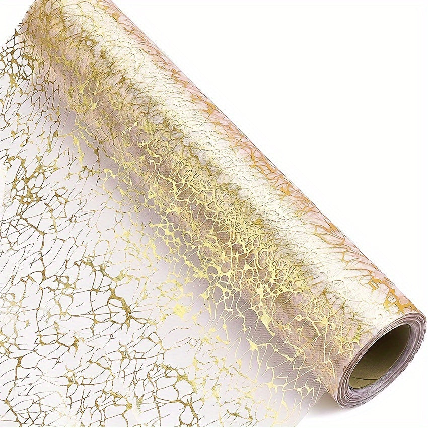 Golden foil table runner with metallic mesh design for various events.