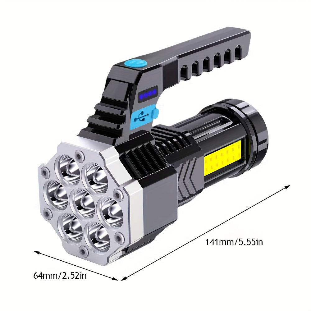 7 LED high power flashlight with USB charging, COB side light for outdoor activities.