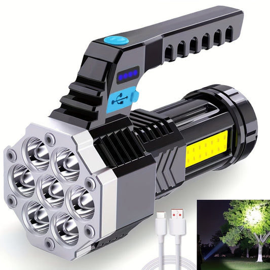 7 LED high power flashlight with USB charging, COB side light for outdoor activities.