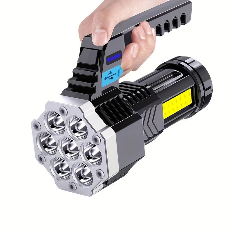 7 LED high power flashlight with USB charging, COB side light for outdoor activities.