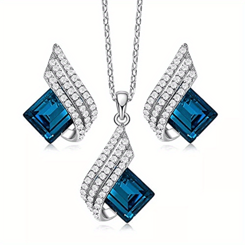 Blue Crystal Angel Wings Necklace Set with Accents - White Gold Plated Alloy, Fashion Jewelry Gift for Men and Women