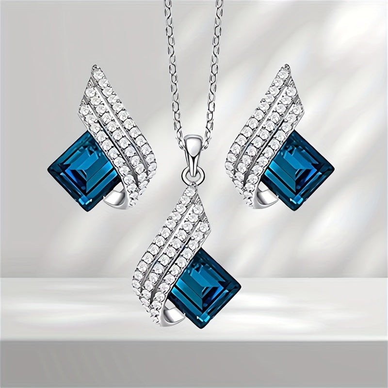 Blue Crystal Angel Wings Necklace Set with Accents - White Gold Plated Alloy, Fashion Jewelry Gift for Men and Women