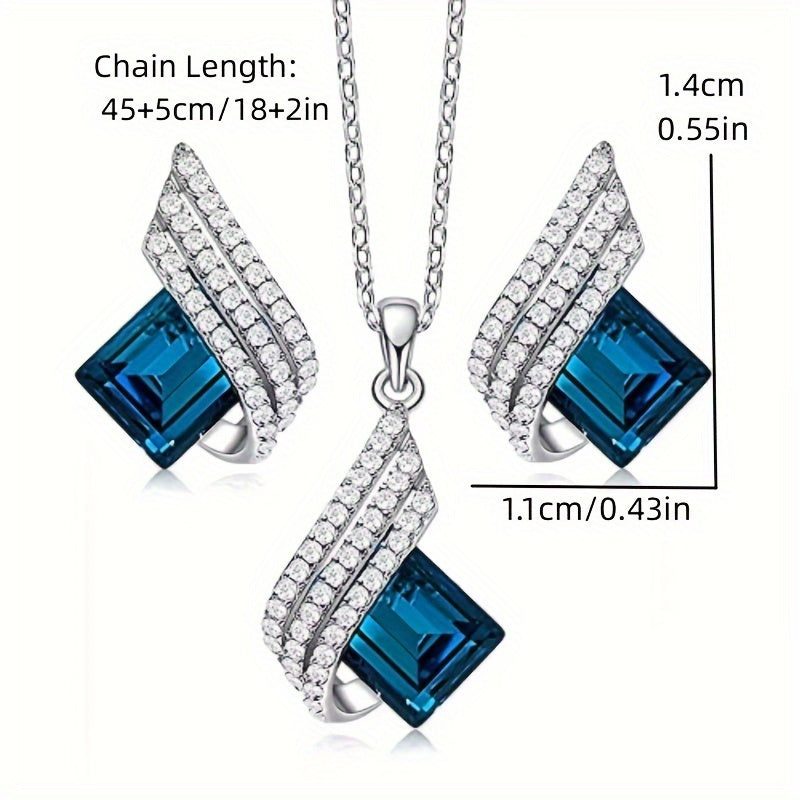 Blue Crystal Angel Wings Necklace Set with Accents - White Gold Plated Alloy, Fashion Jewelry Gift for Men and Women