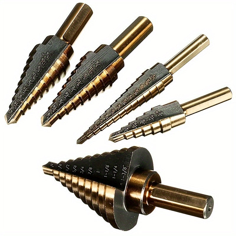 5pc HSS Cobalt Step Drill Bit Set for Metal and Wood Drilling with Aluminum Case.