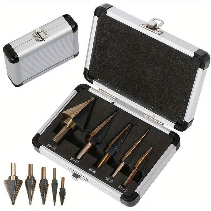 5pc HSS Cobalt Step Drill Bit Set for Metal and Wood Drilling with Aluminum Case.