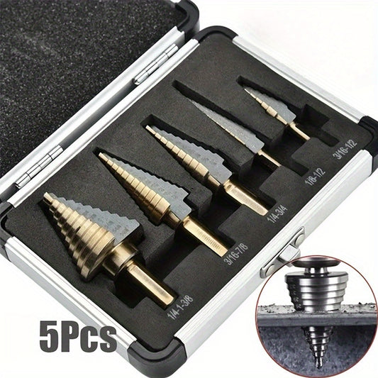 5pc HSS Cobalt Step Drill Bit Set for Metal and Wood Drilling with Aluminum Case.