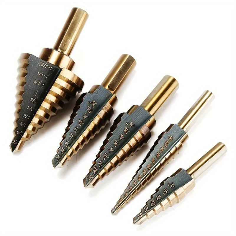 5pc HSS Cobalt Step Drill Bit Set for Metal and Wood Drilling with Aluminum Case.