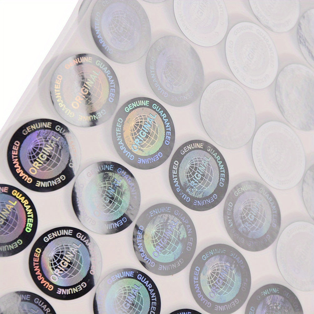 196 holographic security stickers, self-adhesive, shiny finish, round labels for office use - golden & silvery.