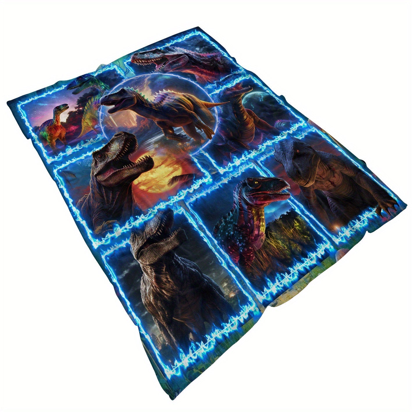 Lightweight and cozy 3D dinosaur blue flame splice print blanket made of soft and warm flannel fabric. Perfect for use in the sofa, bed, living room, office, couch, travel, camping, and as a gift for family or friends. This digital printing fleece