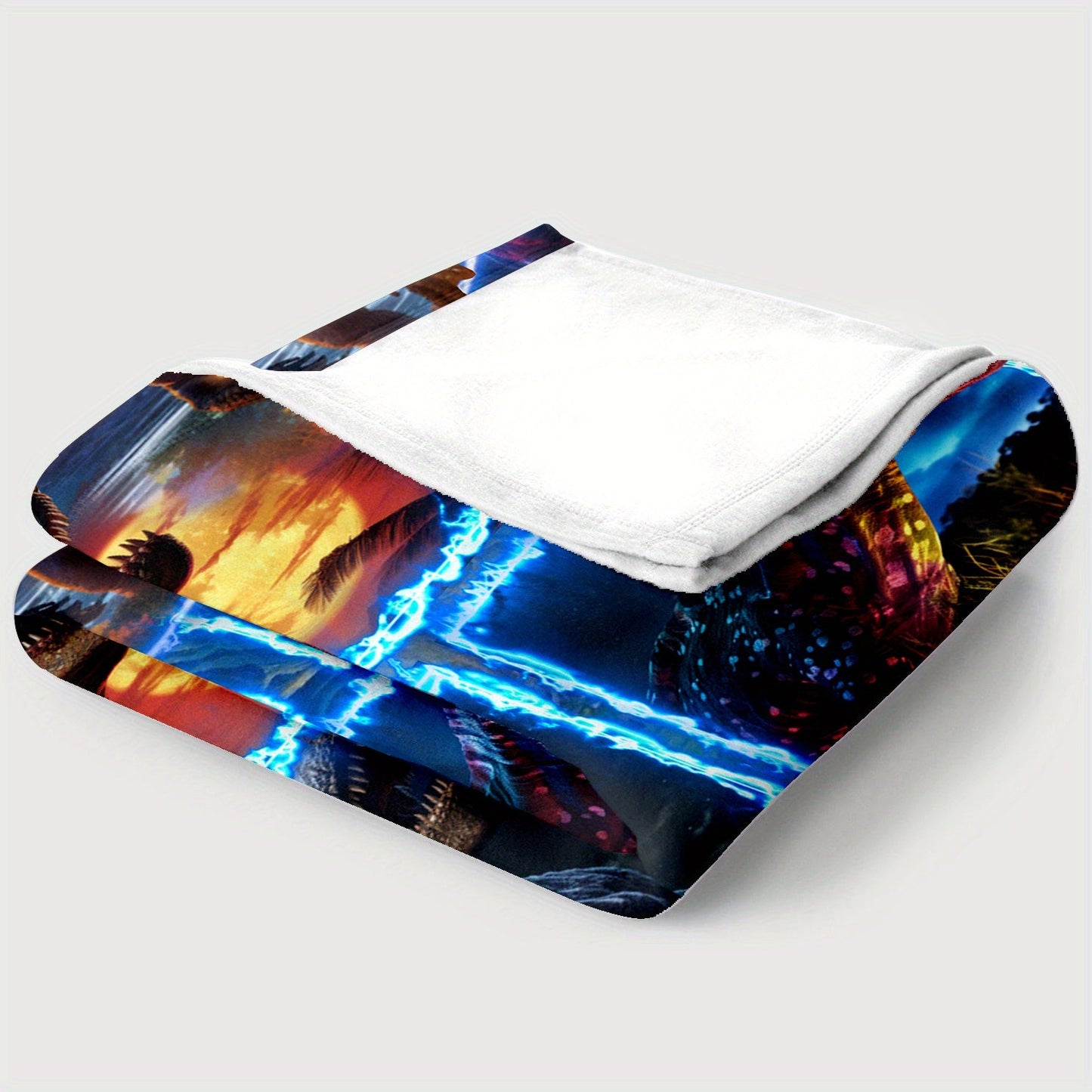 Lightweight and cozy 3D dinosaur blue flame splice print blanket made of soft and warm flannel fabric. Perfect for use in the sofa, bed, living room, office, couch, travel, camping, and as a gift for family or friends. This digital printing fleece