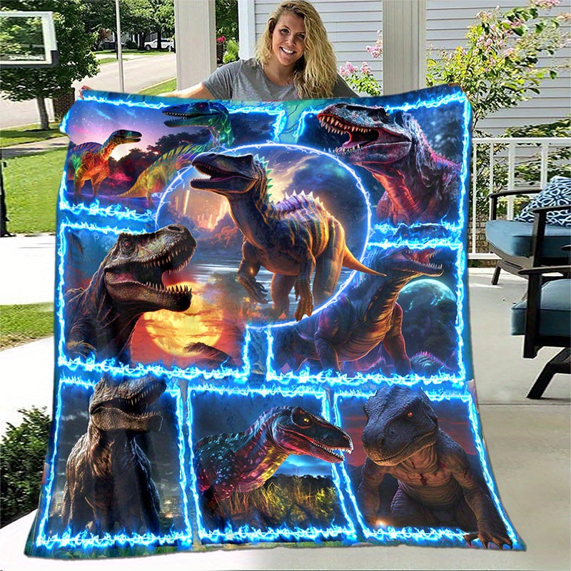 Lightweight and cozy 3D dinosaur blue flame splice print blanket made of soft and warm flannel fabric. Perfect for use in the sofa, bed, living room, office, couch, travel, camping, and as a gift for family or friends. This digital printing fleece