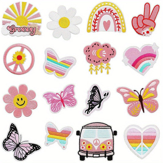 Set of 15/16 pink iron-on patches with embroidery for girls, suitable for sewing onto clothing, jackets, jeans, backpacks, and hats.