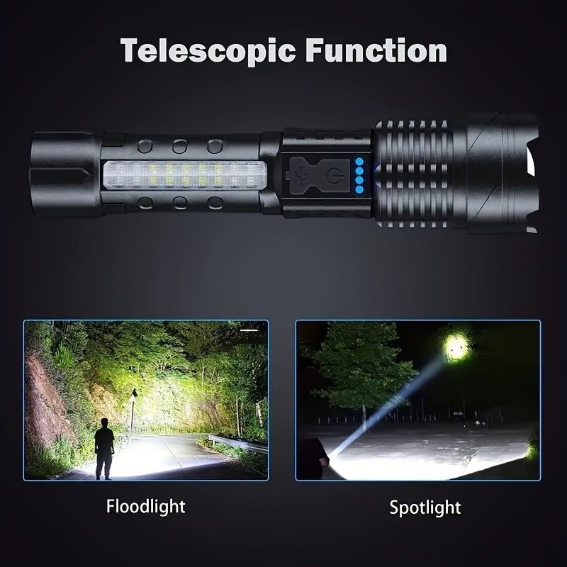 Rechargeable torch flood light for outdoor activities like camping, fishing, hunting, climbing, biking, and hiking.