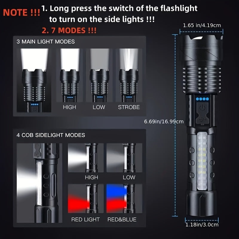 Rechargeable torch flood light for outdoor activities like camping, fishing, hunting, climbing, biking, and hiking.