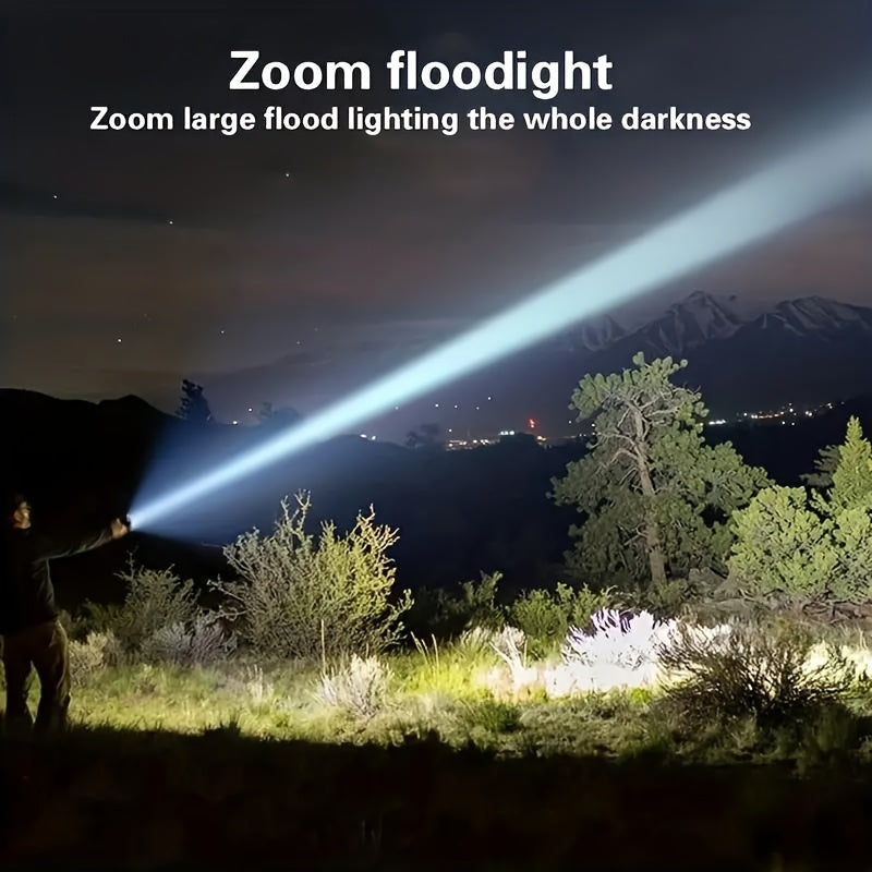 Rechargeable torch flood light for outdoor activities like camping, fishing, hunting, climbing, biking, and hiking.