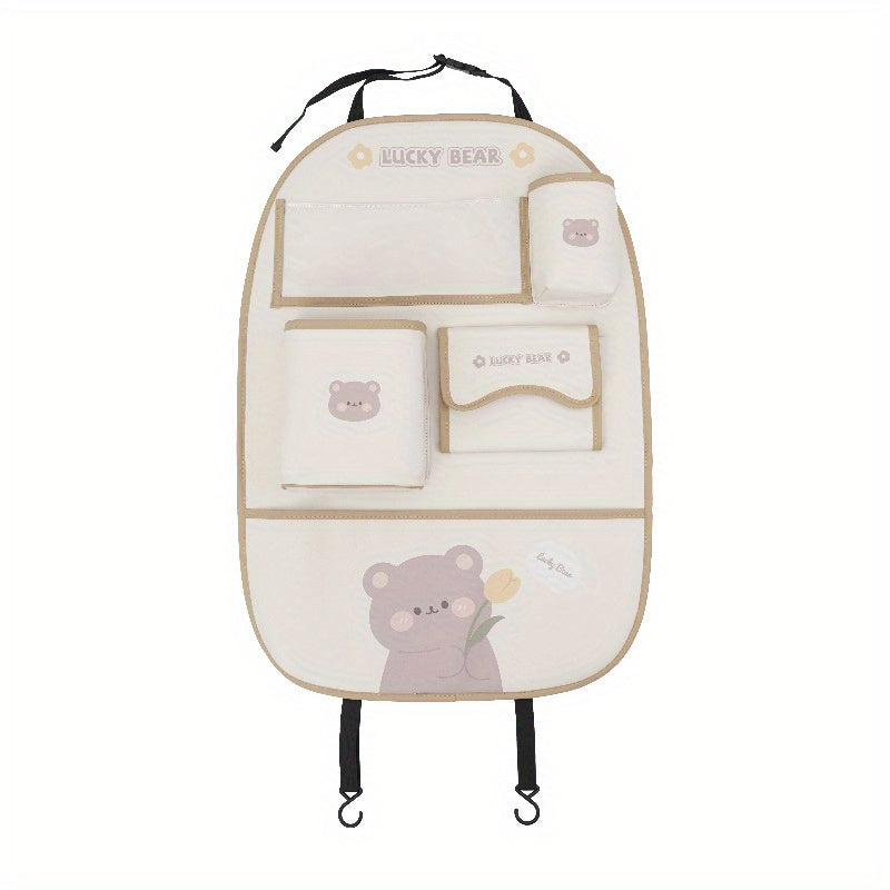 Car Seat Back Storage Bag with Cute Cartoon Design, Multifunctional Protection Pad.