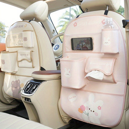 Car Seat Back Storage Bag with Cute Cartoon Design, Multifunctional Protection Pad.