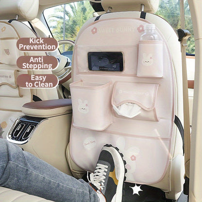 Car Seat Back Storage Bag with Cute Cartoon Design, Multifunctional Protection Pad.