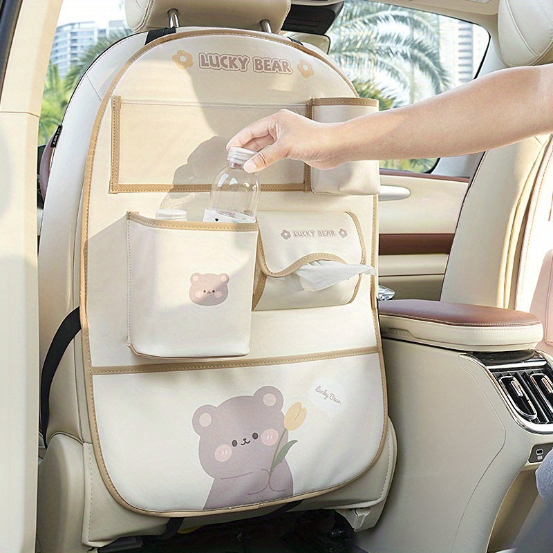 Car Seat Back Storage Bag with Cute Cartoon Design, Multifunctional Protection Pad.