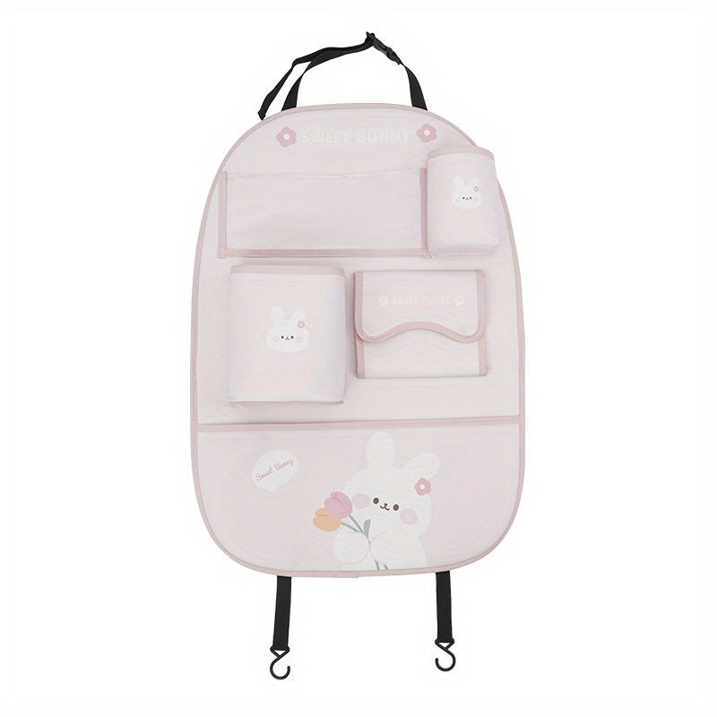 Car Seat Back Storage Bag with Cute Cartoon Design, Multifunctional Protection Pad.