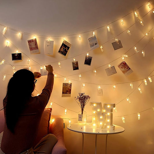 Majisu Classic LED photo clip string lights in warm white, battery operated with no control, perfect for hanging photos, ideal for various occasions.