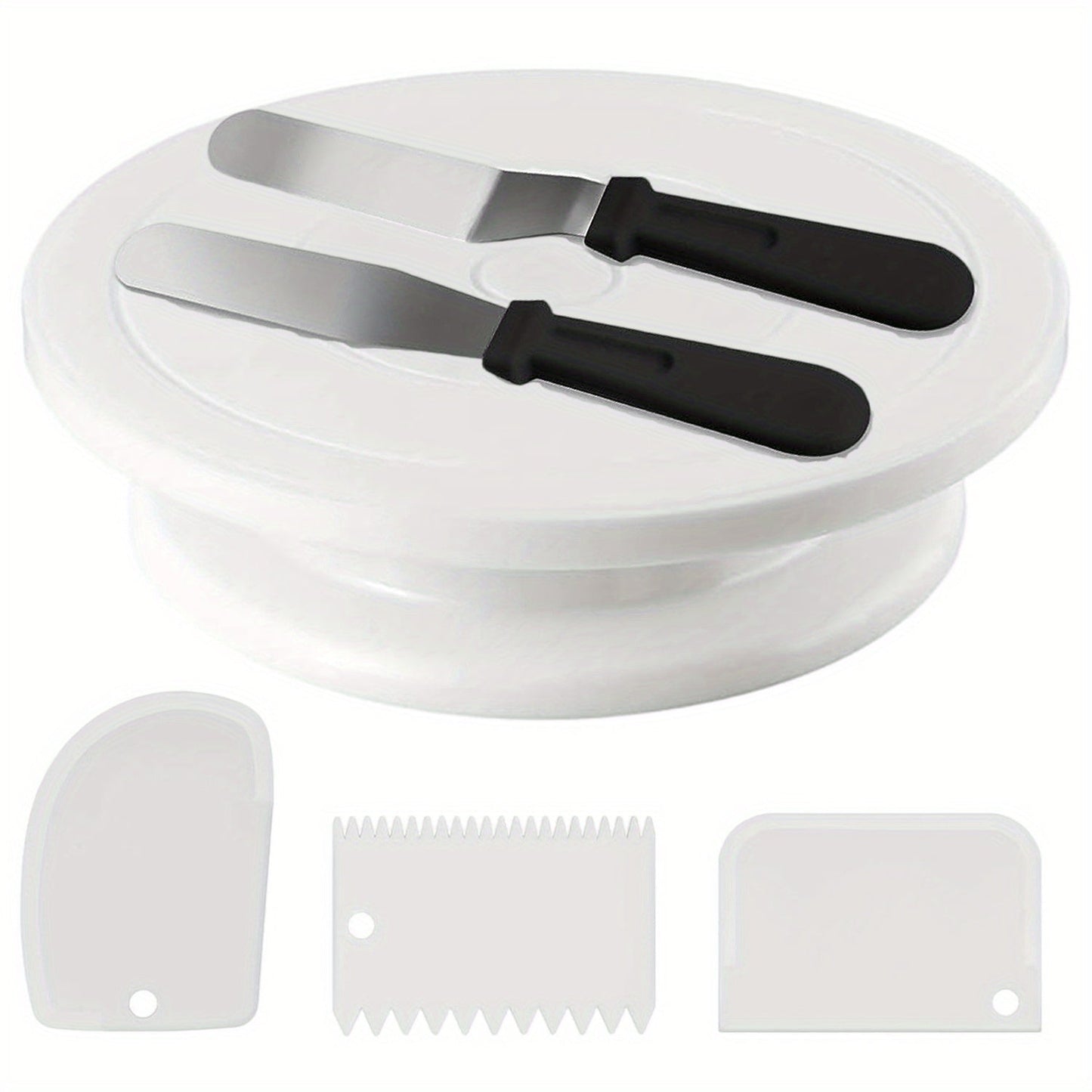 Cake turntable set with 6 pieces, including 1 cake turntable, 3 cream scrapers, and 2 cream scrapers. These cake tools and cream tools are perfect for baking and decorating paper cupcake, cookies, and more. A must-have kitchen gadget for Christmas