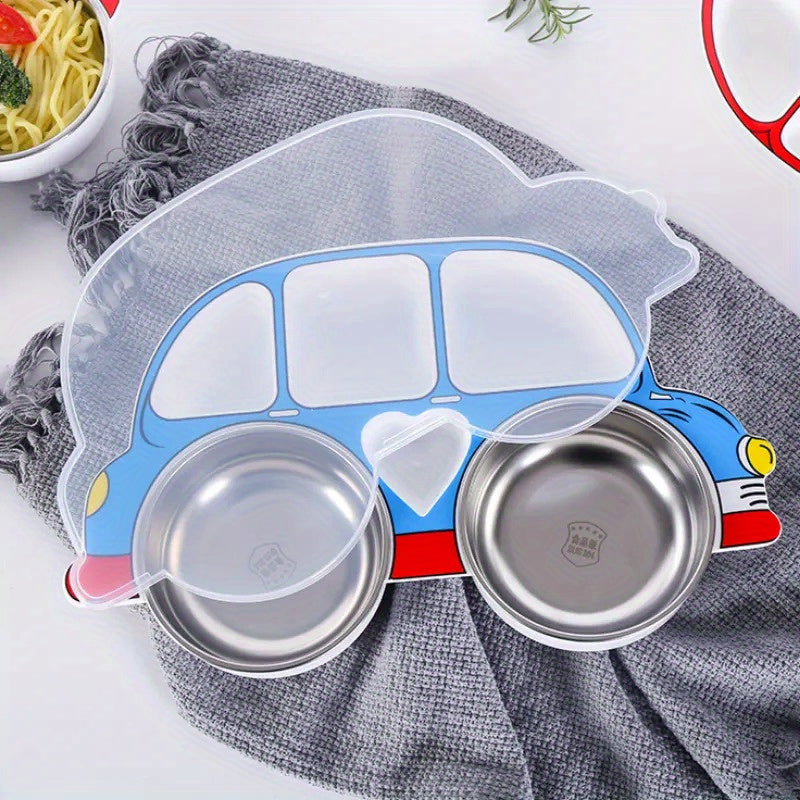 Cartoon Car Dinner Plate Set with Lid for Kids - Made of 304 Stainless Steel, Features Anti-Fall Design in Red/Blue Colorway