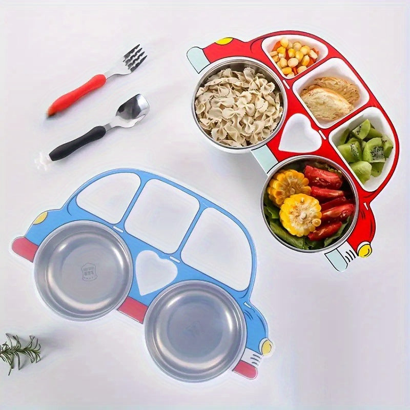 Cartoon Car Dinner Plate Set with Lid for Kids - Made of 304 Stainless Steel, Features Anti-Fall Design in Red/Blue Colorway