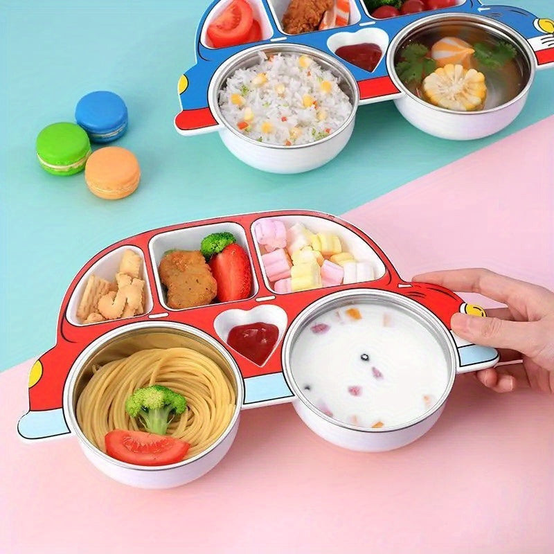 Cartoon Car Dinner Plate Set with Lid for Kids - Made of 304 Stainless Steel, Features Anti-Fall Design in Red/Blue Colorway