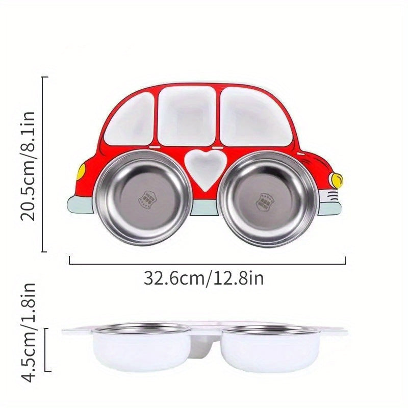 Cartoon Car Dinner Plate Set with Lid for Kids - Made of 304 Stainless Steel, Features Anti-Fall Design in Red/Blue Colorway