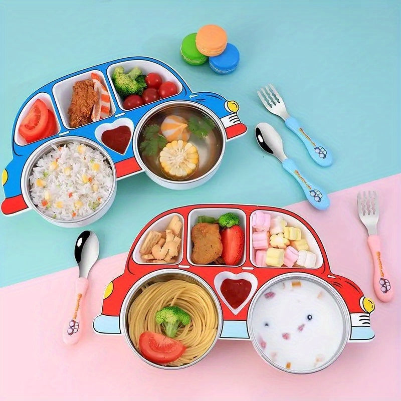 Cartoon Car Dinner Plate Set with Lid for Kids - Made of 304 Stainless Steel, Features Anti-Fall Design in Red/Blue Colorway