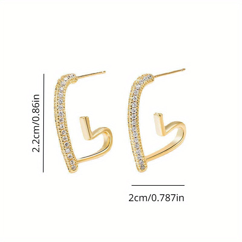 Vintage elegant heart design hoop earrings with rhinestones, alloy 18K gold plated