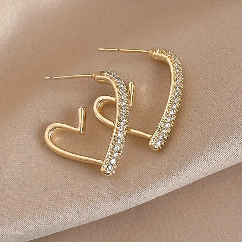 Vintage elegant heart design hoop earrings with rhinestones, alloy 18K gold plated