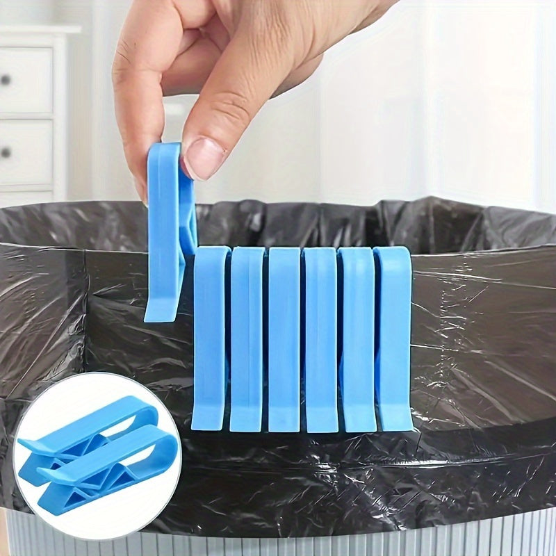 Blue Plastic Bag Holder Clips set of 12, featuring a Groove Snap Design for easy use. These Anti-Slip Trash Can Edge Clamps are durable Household Garbage Bag Ring Fixers that can easily be attached to your trash can. Please note, these clips are for Hand