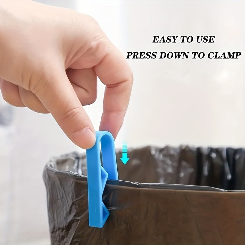 Blue Plastic Bag Holder Clips set of 12, featuring a Groove Snap Design for easy use. These Anti-Slip Trash Can Edge Clamps are durable Household Garbage Bag Ring Fixers that can easily be attached to your trash can. Please note, these clips are for Hand